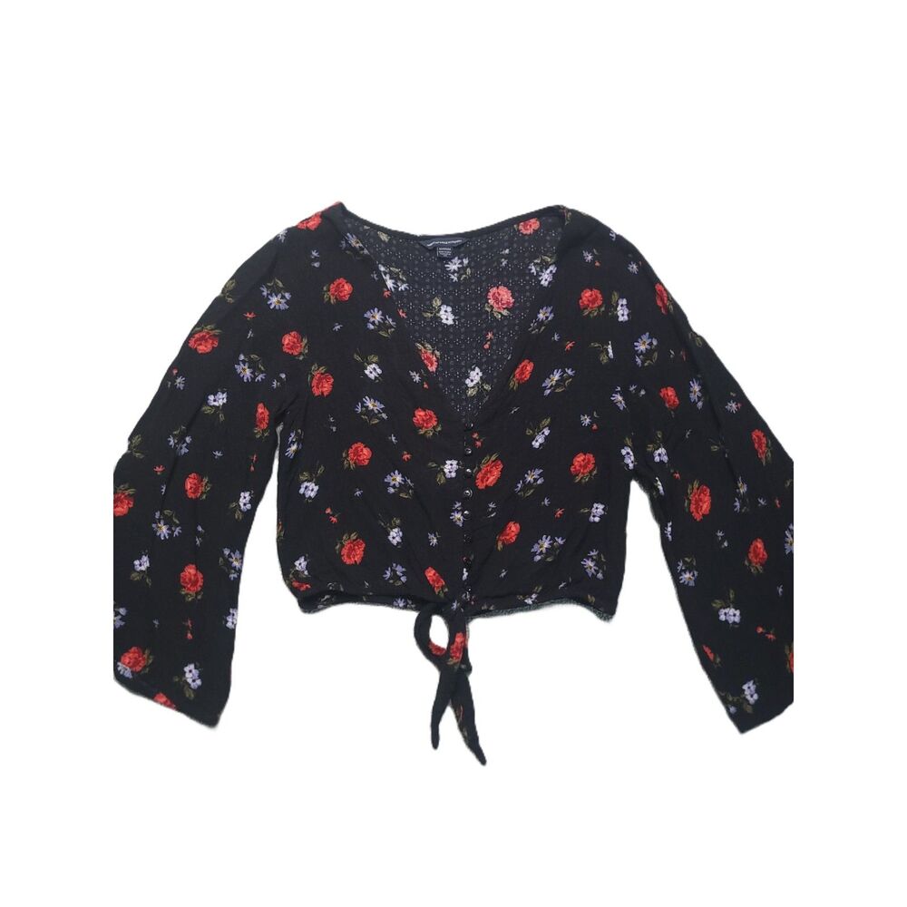 American Eagle Tie Front Crop Top Womens XS Long Sleeve Floral Viscose Shirt